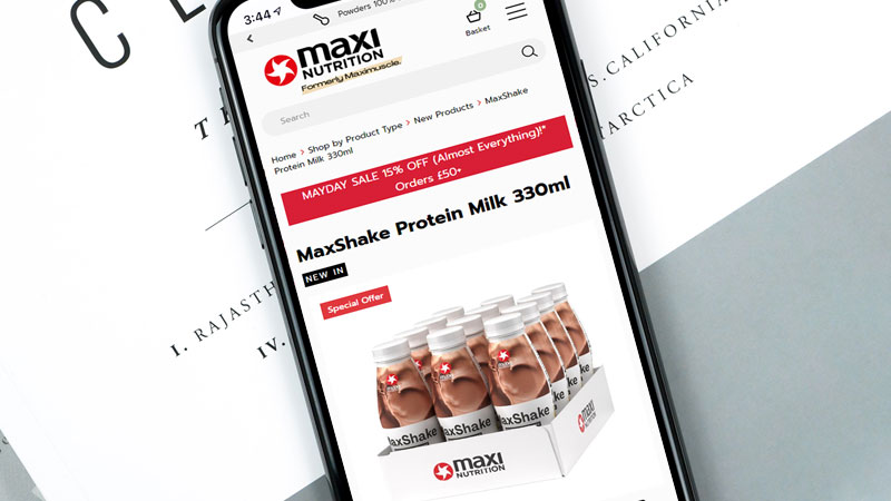 Maxinutrition ecommerce site on mobile phone