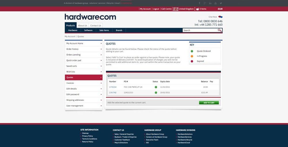 Hardware.com online quote management web page