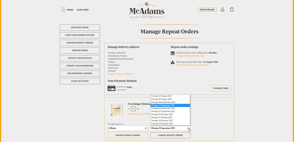 McAdams offer customers the chance to change their next delivery date
