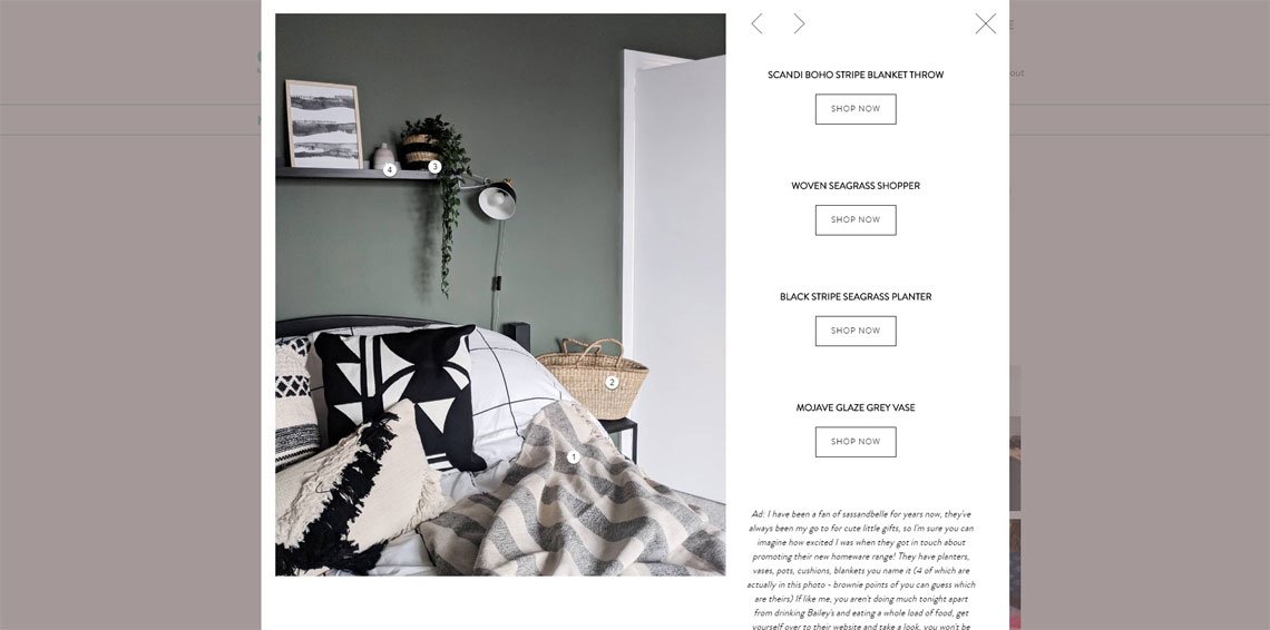 Sass & Belle pages featuring shoppable content
