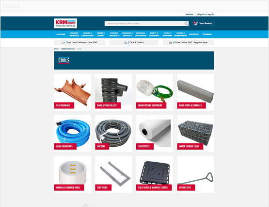 KRM Building Supplies product listings page