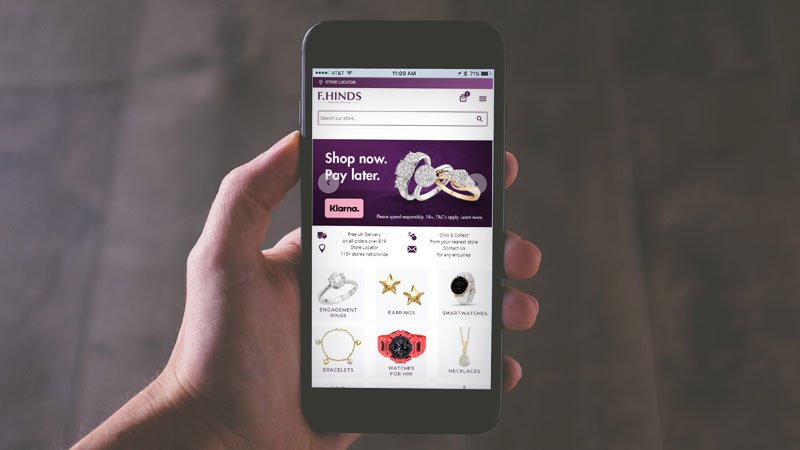 F.Hinds ecommerce site on mobile phone