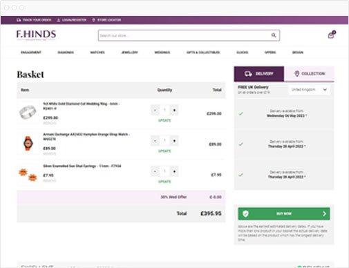 F.Hinds ecommerce site basket page in browser