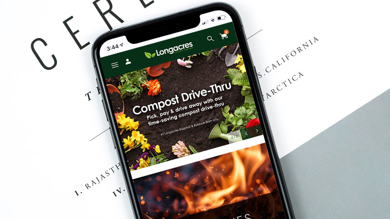 Longacres ecommerce site on a mobile phone