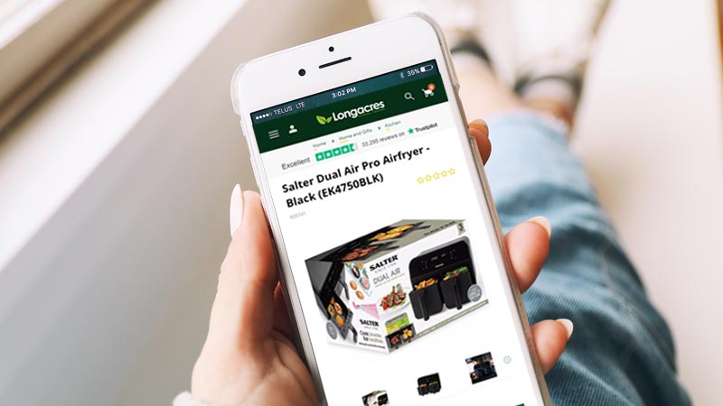 Longacres ecommerce site on a mobile phone
