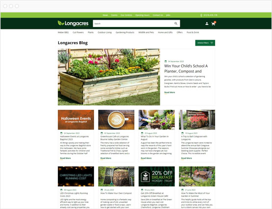 Longacres ecommerce site blog page in browser