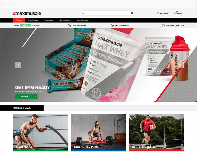 Maximuscle ecommerce site homepage in browser