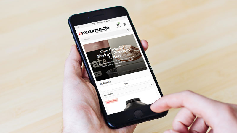 Maximuscle ecommerce site on mobile phone