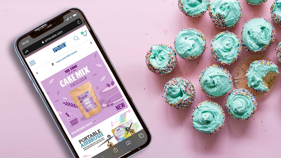 PME Cake ecommerce site on mobile phone