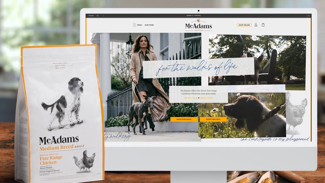 McAdams website shown on imac with packet of dog food next to it