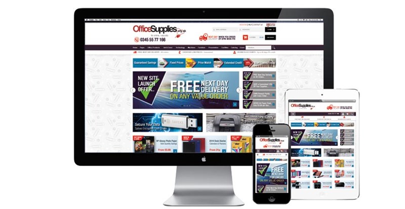 Office Supplies website shown on phone, tablet and desktop