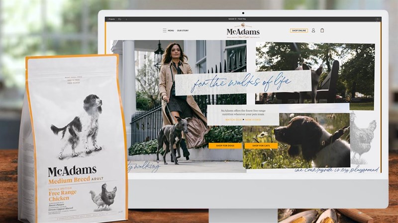 McAdams website shown on imac with packet of dog food next to it