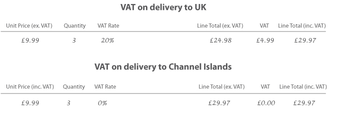 VAT calculations shown on UK & Channel Islands deliveries