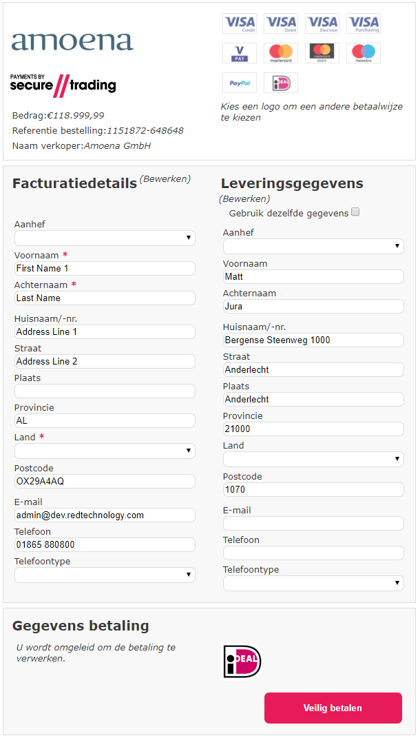 Amoena Netherlands ecommerce checkout showing iDEAL payment option