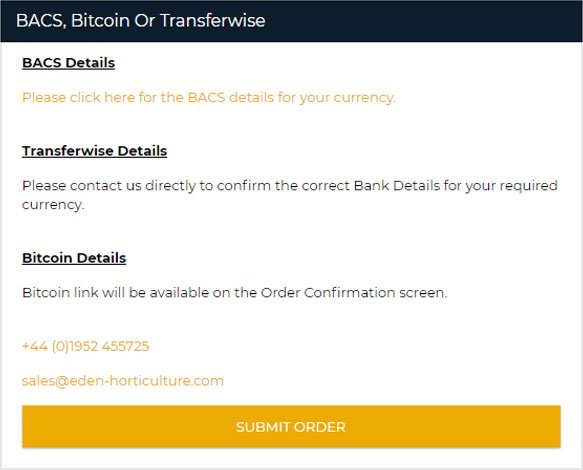 Eden Horticulture ecommerce site showing Bitcoin payment option