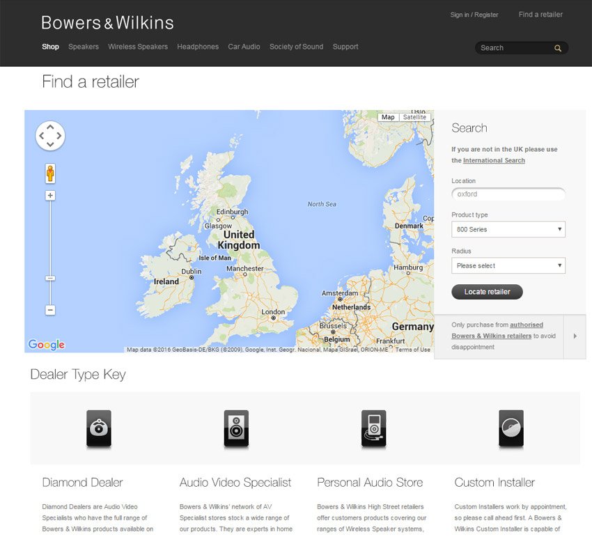 Bowers & Wilkins website dealer page