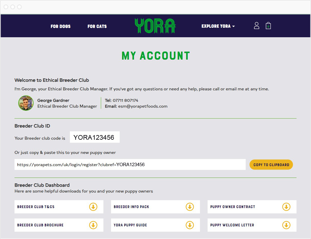 Yora Breeder's Club web page