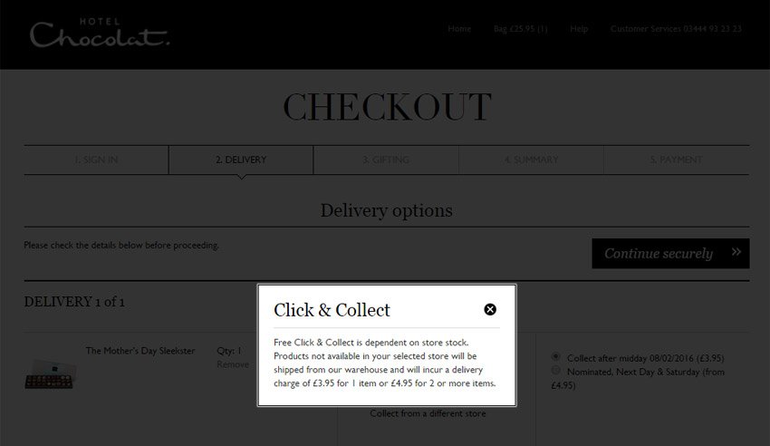 Hotel Chocolat click & collect web page