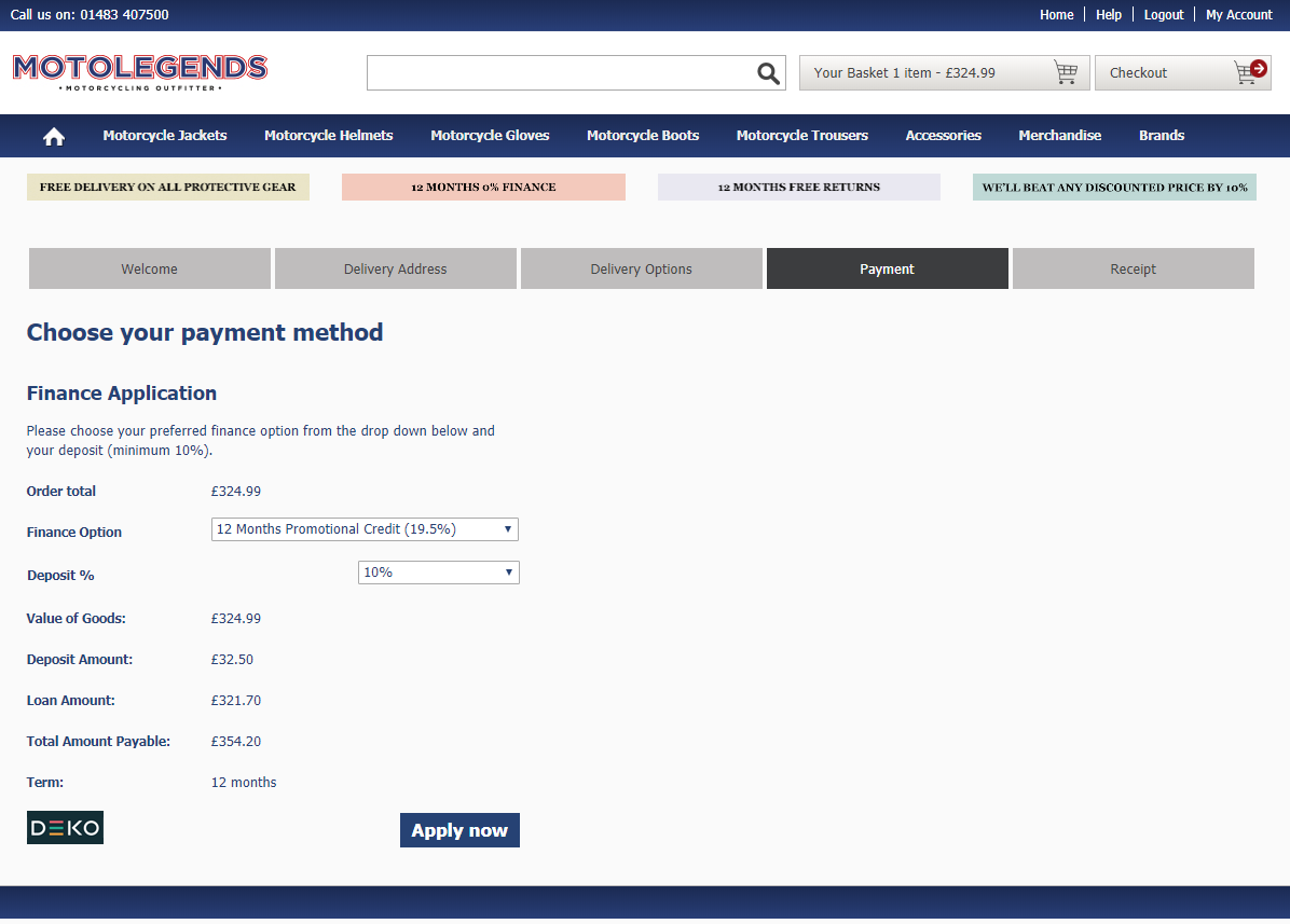 Motolegends checkout showing Deko Pay