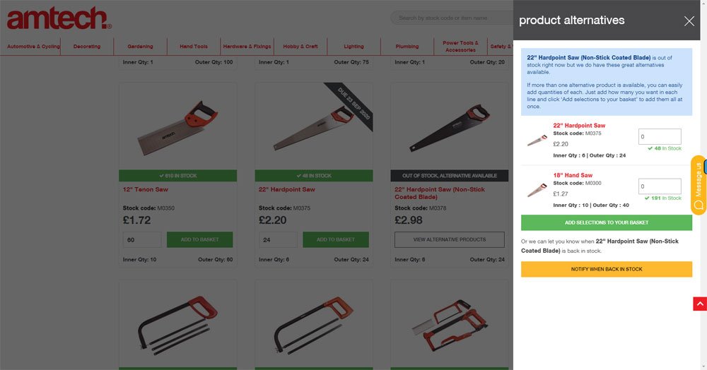 DK Tools alternative products displayed on product listings web page