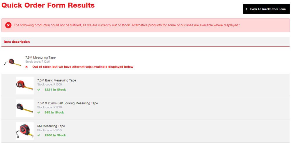 DK Tools alternative products displayed on quick order web page