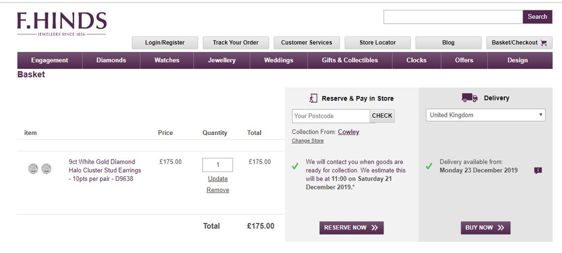 F.Hinds frictionless ecommerce checkout showing fulfilment options