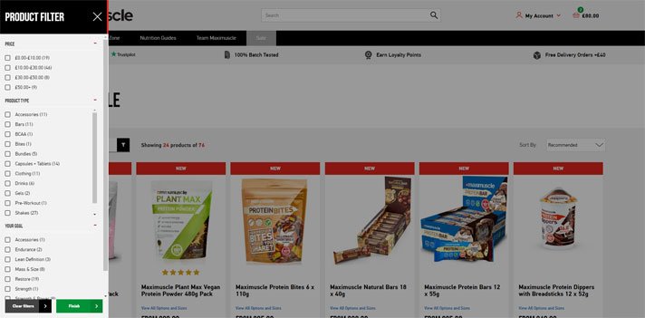 Maximuscle ecommerce site product facets