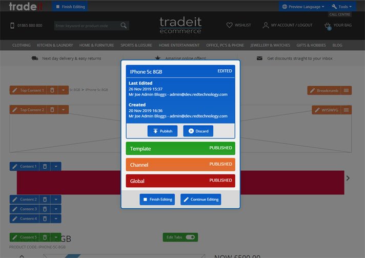 The tradeit ecommerce platform's in-site editing