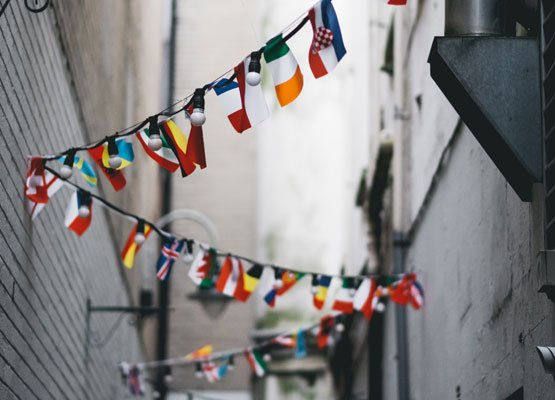 Different international flags hanging up