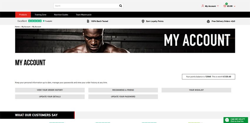 Maximuscle ecommerce site showing loyalty points balance