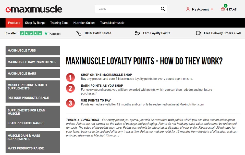 Maximuscle ecommerce site loyalty scheme