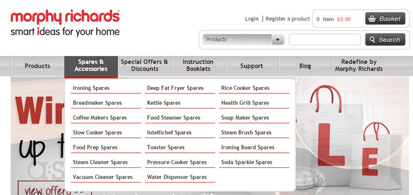 Morphy Richards spares & Accessories website menu