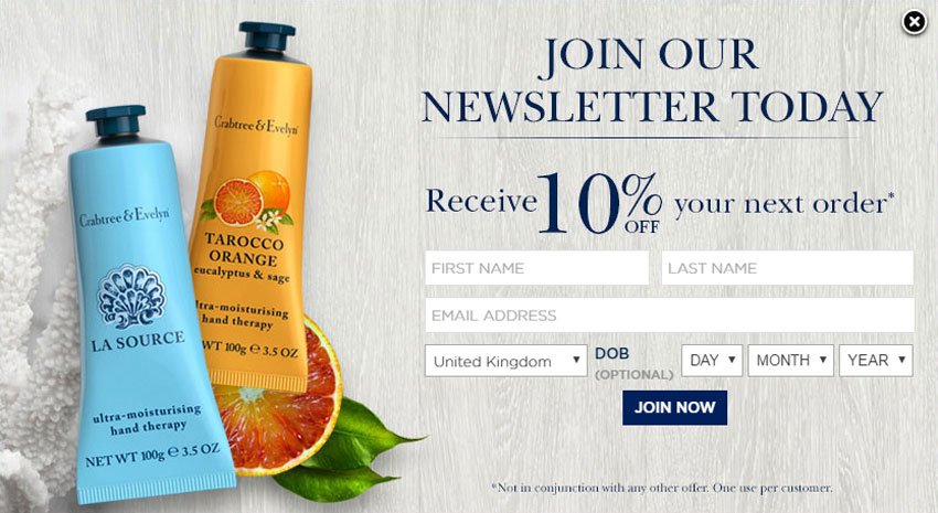 Crabtree & Evelyn newsletter sign-up discount pop-up