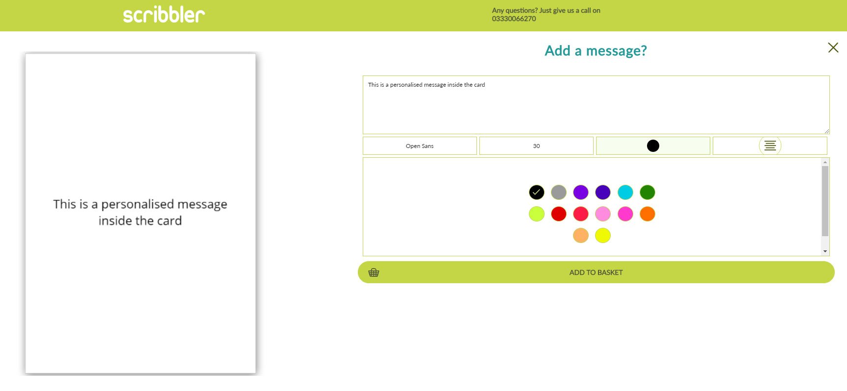 Scribbler ecommerce site showing card personalisation options