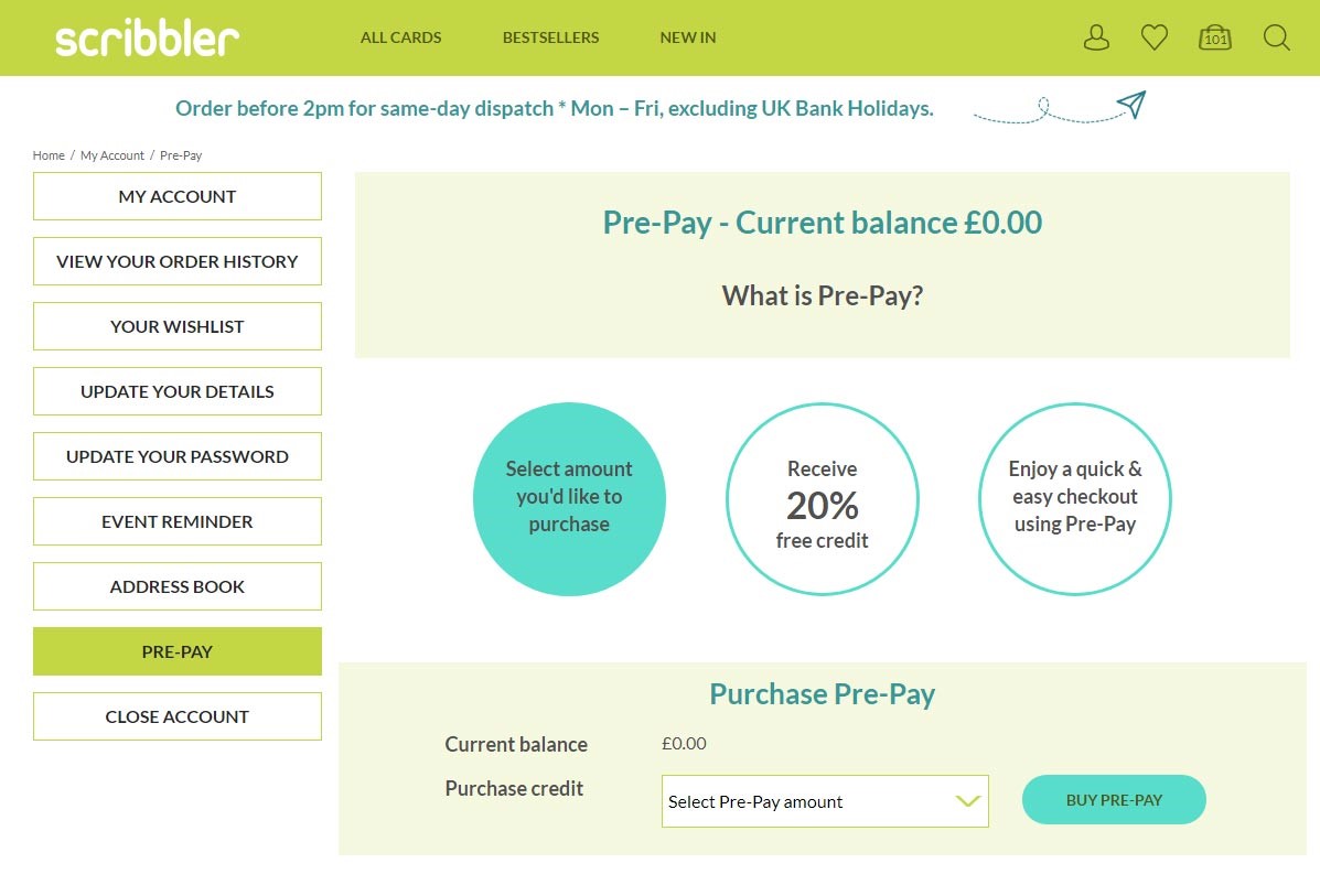 Scribbler ecommerce site account showing pre-paid balance
