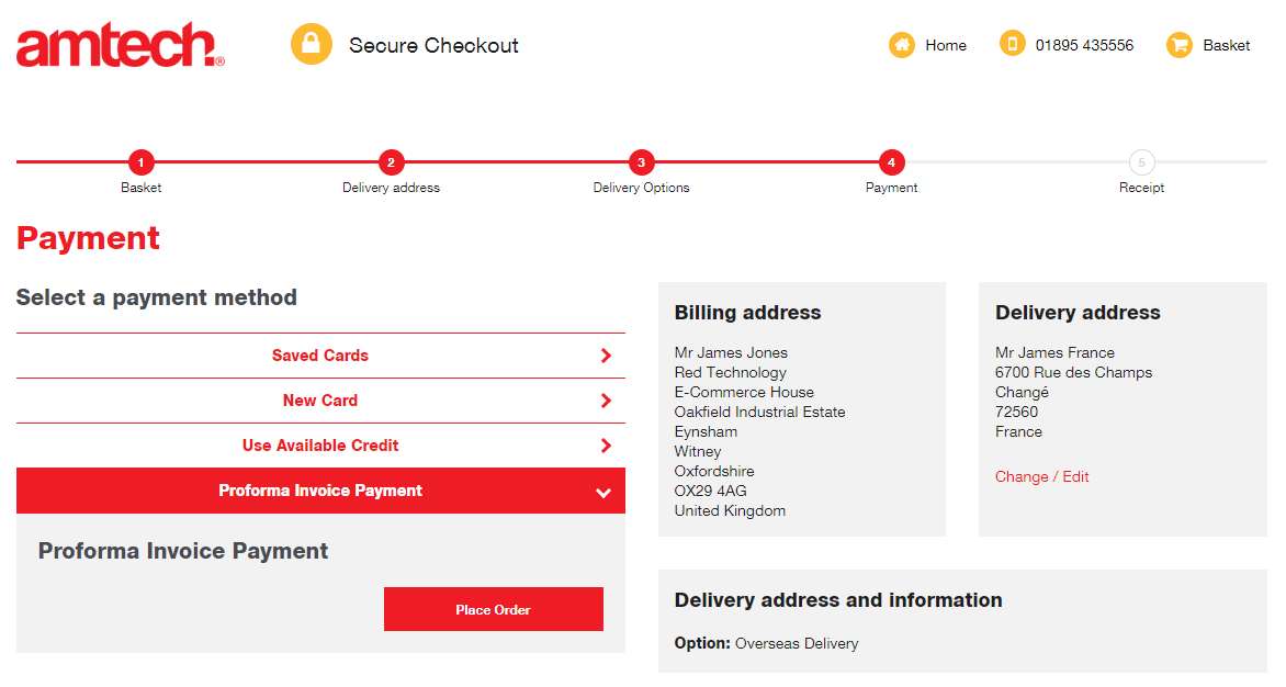Amtech ecommerce checkout showing proforma invoice payment option