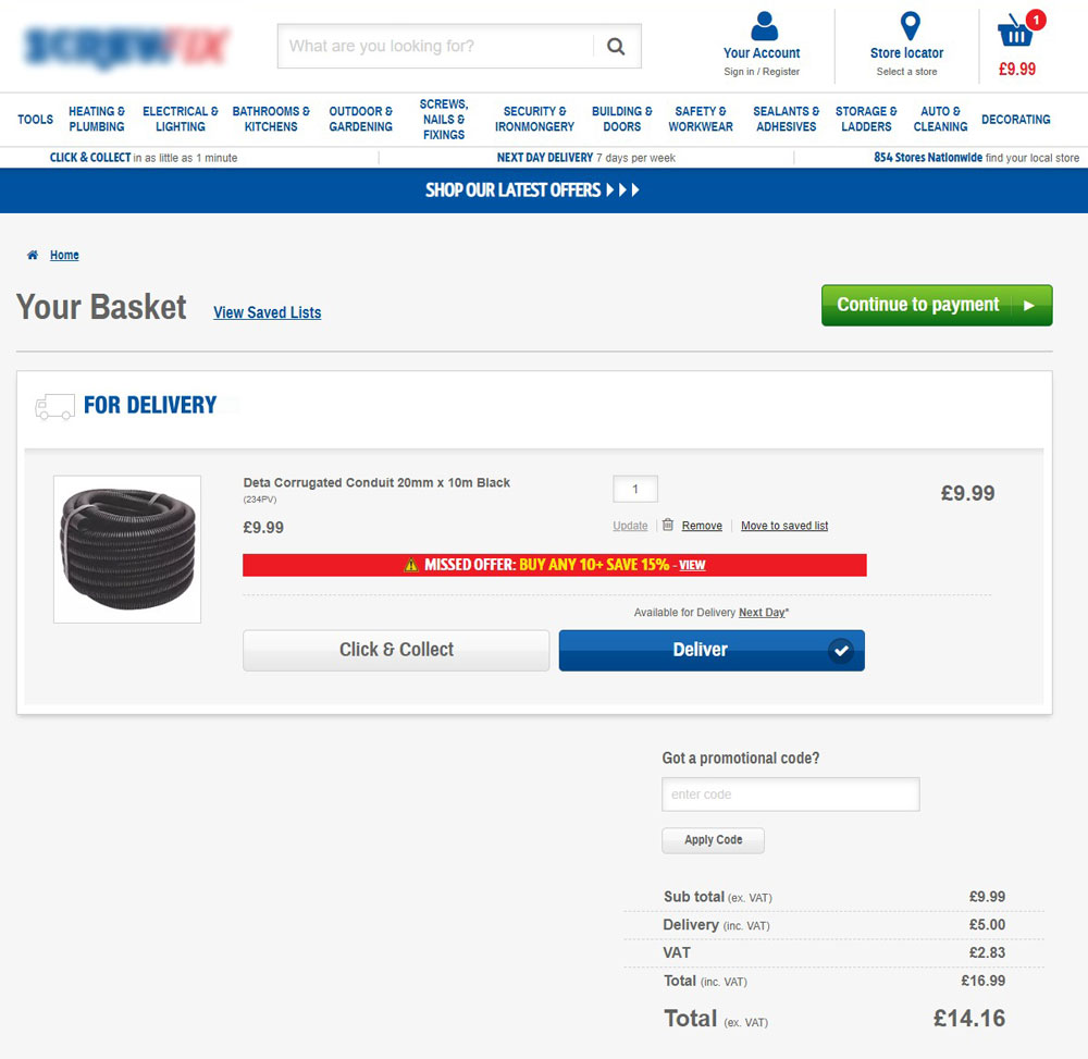 VAT calculations shown at the basket on Screwfix.com