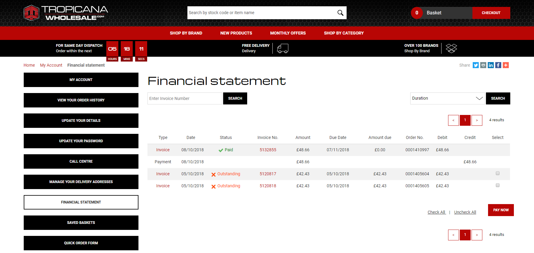 Tropicana Wholesale ecommerce site showing financial statements