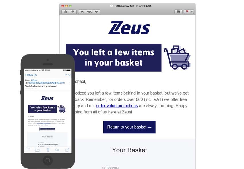 Zeus abandoned basket campaign email