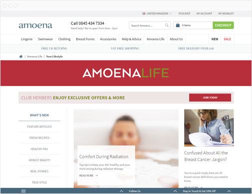 Amoena ecommerce site blog page in browser