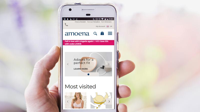 Amoena ecommerce site on mobile phone