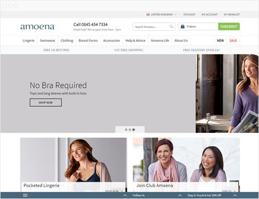 Amoena ecommerce site homepage in browser