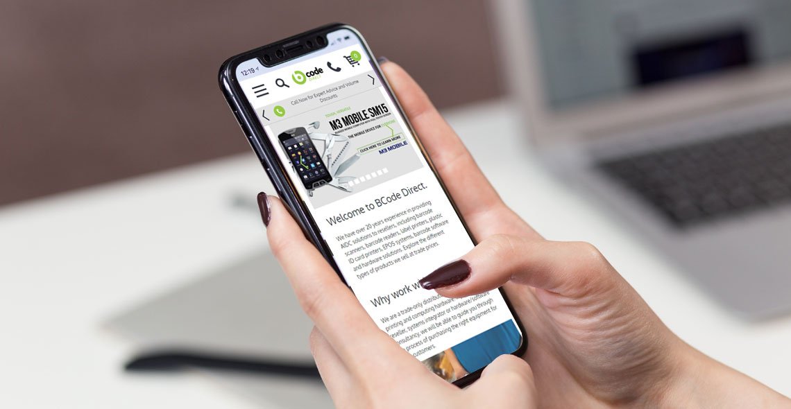 The Barcode Warehouse ecommerce site on a mobile phone