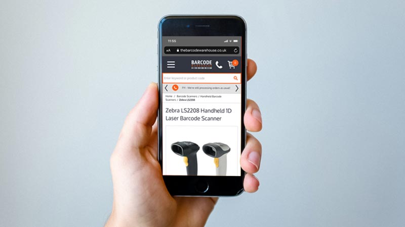 The Barcode Warehouse ecommerce site on a mobile phone