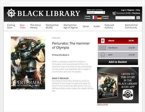 Black Library ecommerce site product page in browser