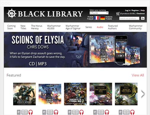 Black Library ecommerce site category page in browser