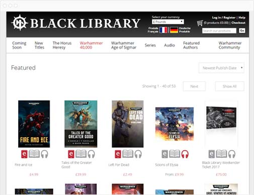Black Library ecommerce site product listings page in browser