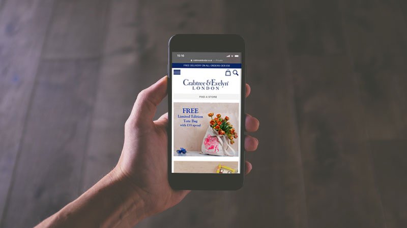 Crabtree & Evelyn ecommerce site on a mobile phone