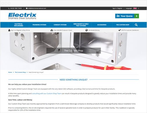 Electrix ecommerce site custom products page in browser