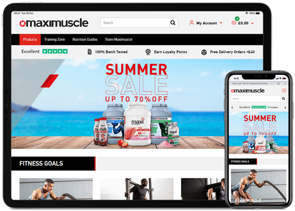 Maximuscle ecommerce site showing on a tablet and a phone